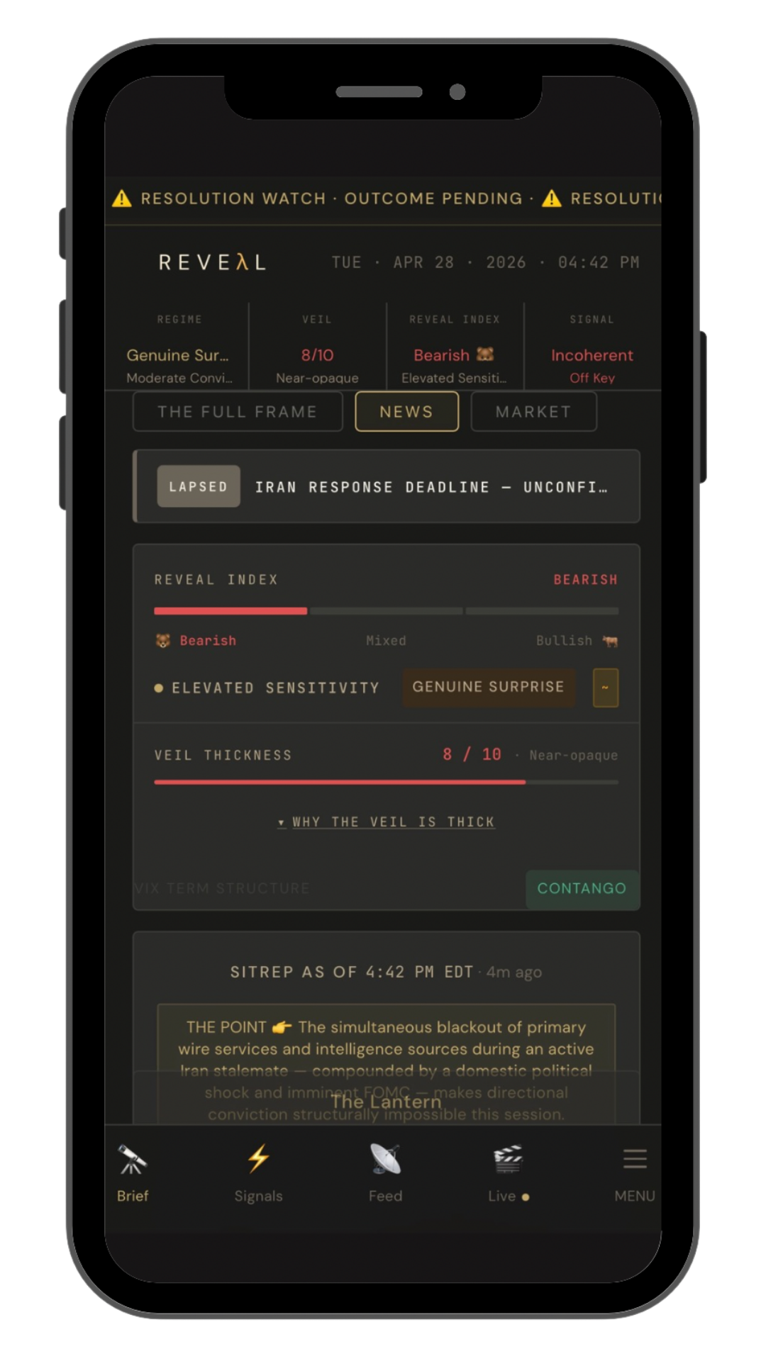 REVEAL app interface showing market context and structural intelligence